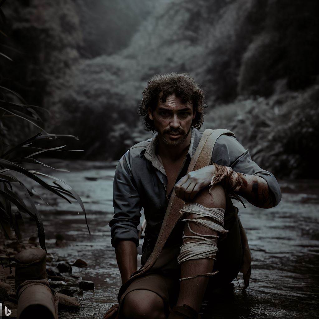 El arqueólogo herido en la ribera de un río, con la selva a su alrededor. Estilo Triste y dramático, con tonos apagados y una atmósfera sombría.